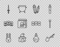 Set line Rabbit with ears, Spell, Magic stone, Witch, Dagger, Ancient magic book, Bottle love potion and wand icon Royalty Free Stock Photo