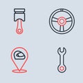 Set line Racing steering wheel, helmet, Wrench spanner and Engine piston icon. Vector