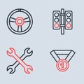 Set line Racing traffic light, Wrench spanner, Medal and steering wheel icon. Vector Royalty Free Stock Photo