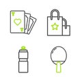 Set line Racket for playing table tennis, Fitness shaker, Paper shopping bag and Playing card with heart symbol icon