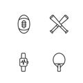 Set line Racket, Smart watch with heart, American Football ball and Crossed baseball bat icon. Vector