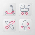 Set line Racket, Toy plane, Baby stroller and Roller scooter icon. Vector