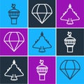 Set line Radar, Jet fighter and Parachute icon. Vector