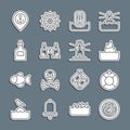 Set line Radar with targets, Lifebuoy, Iceberg, Location anchor, Binoculars, Rum bottle, and Lighthouse icon. Vector Royalty Free Stock Photo