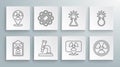 Set line Radiation warning document, Atom, Microscope, Radioactive location, Test tube and flask, and icon. Vector