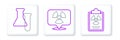 Set line Radiation warning document, Test tube and flask and Radioactive location icon. Vector