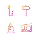 Set line Radio with antenna, Cup of tea with tea bag, Fishing hook and Road traffic signpost. Gradient color icons