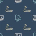 Set line Radio with antenna, Router and wi-fi signal and Retro cinema camera on seamless pattern. Vector