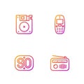 Set line Radio with antenna, 90s Retro, Floppy disk and Old mobile phone. Gradient color icons. Vector Royalty Free Stock Photo