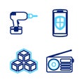 Set line Radio, Isometric cube, Money protection and Drill machine icon. Vector Royalty Free Stock Photo