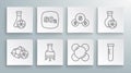 Set line Radioactive, Sulfur dioxide SO2, Test tube, Molecule, with toxic liquid and icon. Vector