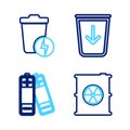 Set line Radioactive waste in barrel, Battery, Send to the trash and Lightning with can icon. Vector Royalty Free Stock Photo