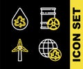 Set line Radioactive waste in barrel, Planet earth and recycling, Wind turbine and Recycle clean aqua icon. Vector Royalty Free Stock Photo
