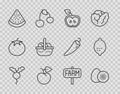 Set line Radish, Kiwi fruit, Apple, Peach or nectarine, Watermelon, Basket and food, Location farm and Lemon icon Royalty Free Stock Photo