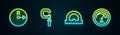 Set line Radius, Micrometer, Protractor and Speedometer. Glowing neon icon. Vector