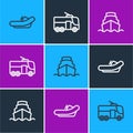 Set line Rafting boat, Cruise ship and Trolleybus icon. Vector