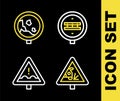 Set line Railroad crossing, Warning sign, Uneven ahead and Road warning rockfall icon. Vector