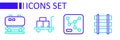 Set line Railway barrier, map, Trolley suitcase and Oil railway cistern icon. Vector