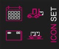 Set line Railway carriage, Envelope, Forklift truck and Calendar icon. Vector Royalty Free Stock Photo