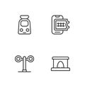 Set line Railway tunnel, Train traffic light, and railway and Online ticket booking icon. Vector Royalty Free Stock Photo