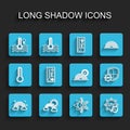 Set line Rainbow with clouds, and sun, Water thermometer, Sun snowflake, UV protection, Meteorology, and icon. Vector