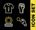 Set line Raised hand with clenched fist, Hooligan shooting stones, Lying burning tires and T-shirt protest icon. Vector