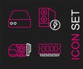 Set line RAM, random access memory, Video graphic card, Case of computer and Server, Data, Web Hosting icon. Vector Royalty Free Stock Photo