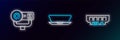 Set line RAM, random access memory, Web camera and Laptop icon. Glowing neon. Vector Royalty Free Stock Photo