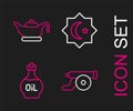 Set line Ramadan cannon, Essential oil bottle, Octagonal star and Oil lamp icon. Vector
