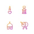 Set line Ramadan drum, Muslim Mosque, Burning candle and Kareem lantern. Gradient color icons. Vector Royalty Free Stock Photo