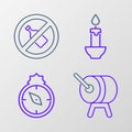 Set line Ramadan drum, Qibla, Burning candle and No alcohol icon. Vector