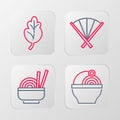 Set line Ramen, Asian noodles in bowl, Traditional fan and Kimchi icon. Vector