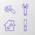 Set line Rasp metal file, House repair, Adjustable wrench and Hammer icon. Vector