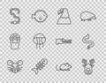 Set line Rat head, Deer with antlers, Eagle, Fish skeleton, Worm, Jellyfish, and Snake icon. Vector