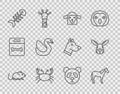 Set line Rat, Horse, Sheep head, Crab, Fish skeleton, Swan bird, Cute panda face and Rabbit icon. Vector