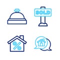 Set line Real estate message house, House with percant discount, Hanging sign text Sold and Hotel service bell icon Royalty Free Stock Photo