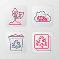 Set line Recycle, bin with recycle, CO2 emissions cloud and Plant icon. Vector