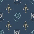 Set line Recycle bin with recycle, Wind turbine and Head and electric symbol on seamless pattern. Vector