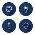 Set line Recycle clean aqua, Fountain, Bottle of water and Cloud with rain with long shadow. Blue circle button. Vector Royalty Free Stock Photo