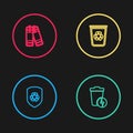 Set line Recycle inside shield, Lightning with trash can, bin recycle and Battery icon. Vector