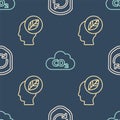 Set line Recycle symbol inside shield, Human head with leaf inside and CO2 emissions in cloud on seamless pattern