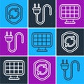 Set line Recycle symbol inside shield, Solar energy panel and Electric plug icon. Vector Royalty Free Stock Photo