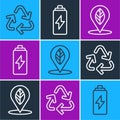 Set line Recycle symbol, Location with leaf and Battery icon. Vector