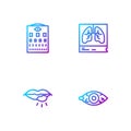 Set line Reddish eye, Herpes lip, Eye test chart and Lungs x-ray. Gradient color icons. Vector