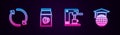 Set line Refresh, Coffee beans in bag, machine and cup and Graduation cap on globe. Glowing neon icon. Vector Royalty Free Stock Photo