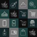 Set line Refresh shopping basket, Market store, Shopping cart, Signboard hanging, Add, Hanging sign with Close, check Royalty Free Stock Photo