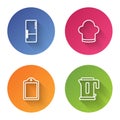 Set line Refrigerator, Chef hat, Cutting board and Electric kettle. Color circle button. Vector