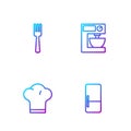 Set line Refrigerator, Chef hat, Fork and Electric mixer. Gradient color icons. Vector