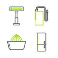 Set line Refrigerator, Citrus fruit juicer, Power bank with different charge cable and Electric heater icon. Vector Royalty Free Stock Photo