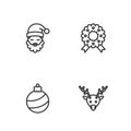 Set line Reindeer, Christmas ball, Santa Claus hat and beard and wreath icon. Vector Royalty Free Stock Photo